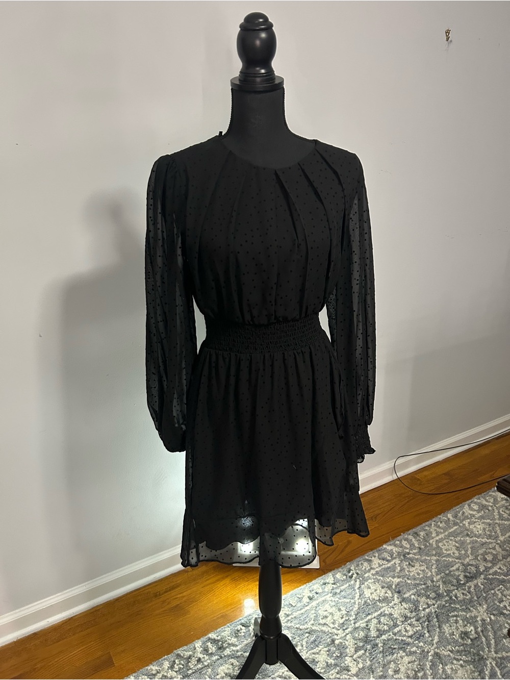 Macy's Black Long-Sleeve Smocked-Waist Dot-Texture Dress